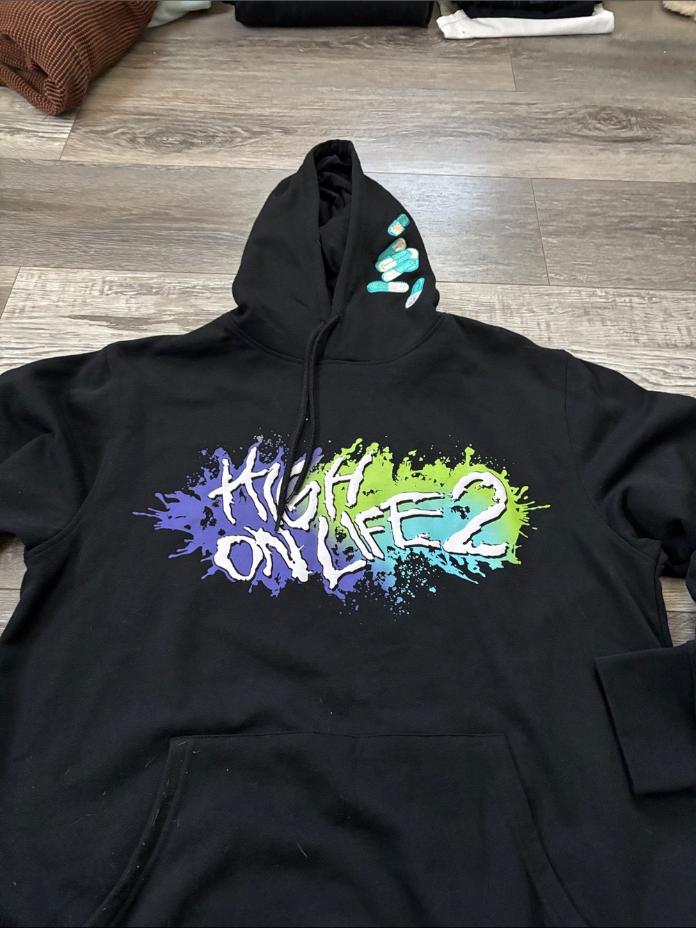 MAD Engine Black Hoodie with Purple, Green, and Blue 'High On Life 2' Graphic